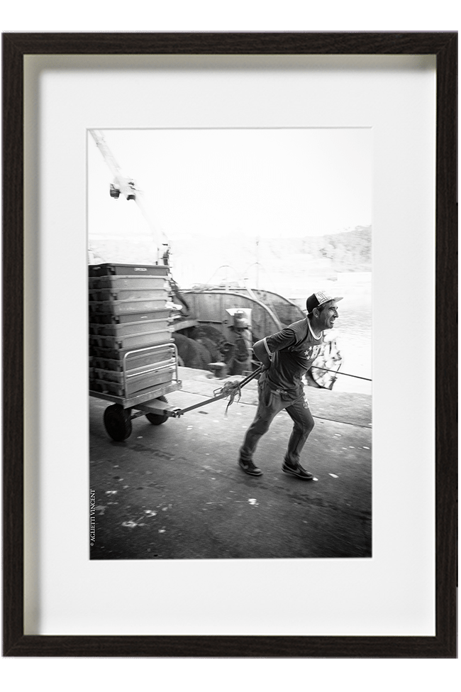José docker dans le port de Nazaré tire son chariot le long des quais pour le décharger à la criée.