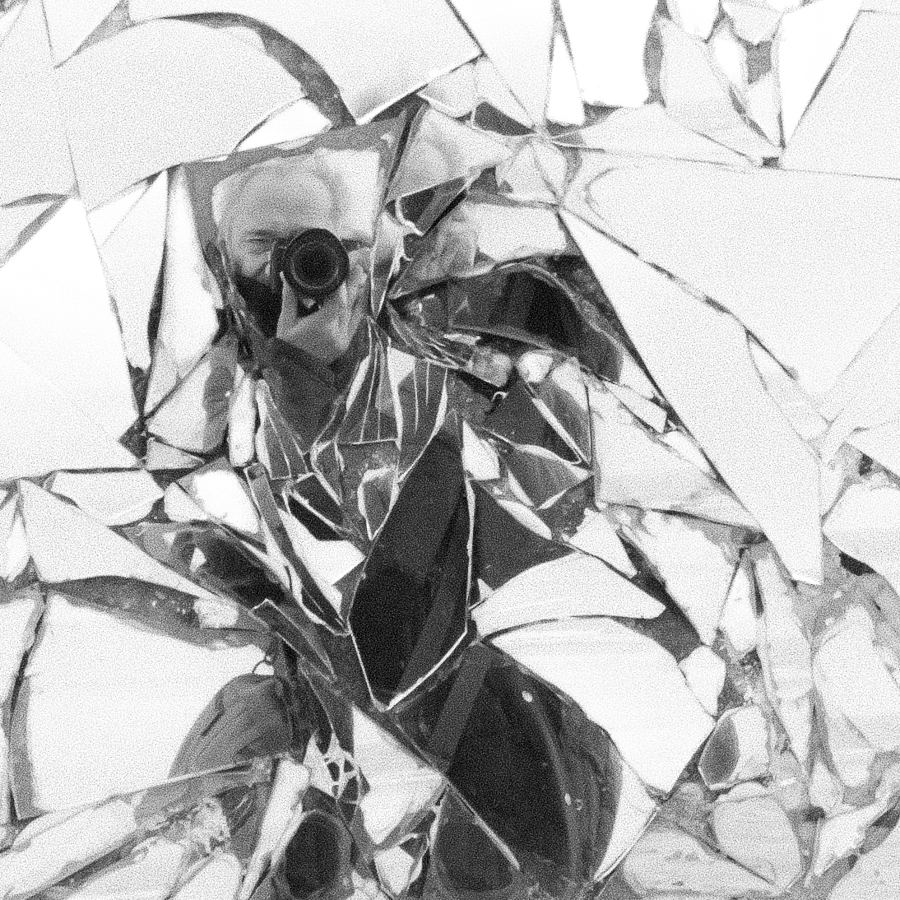 Parcours.Autoportrait de Vincent Aglietti face a un mur d'éclats de miroir.