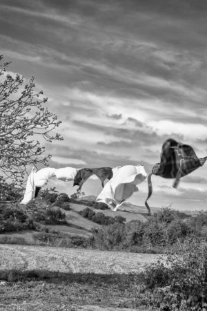 Du Linge dans l'Air. En Alentejo du linge flotte au vent au milieu d'un champ.