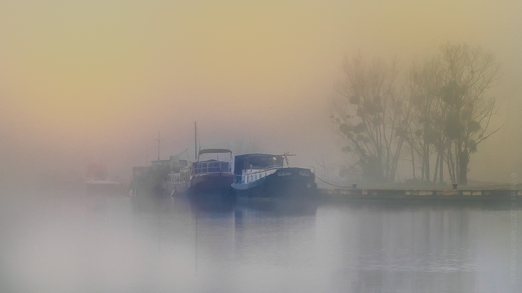 Brume sur le Canal de Bourgogne. Un train de péniches attend sagement dans la brume.