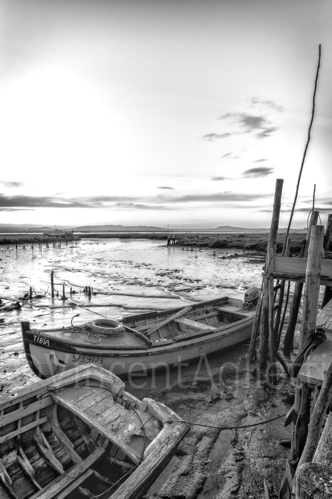 Village de pêche de Carrasqueira dans la baie de Troia au Portugal à marée basse.