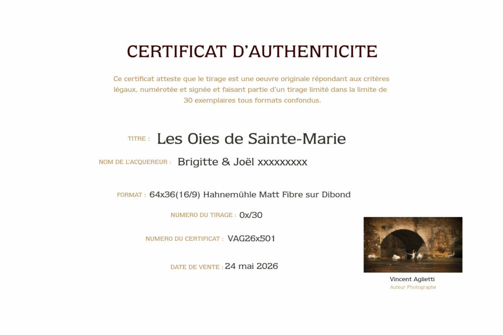 Certificat d'authenticité d'un tirage Fine Art signé et numéroté par Vincent Aglietti.