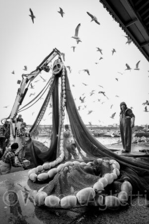 Filets de pêche déployés sur le quai du port de Sines au Portugal lors du retour des chalutiers.