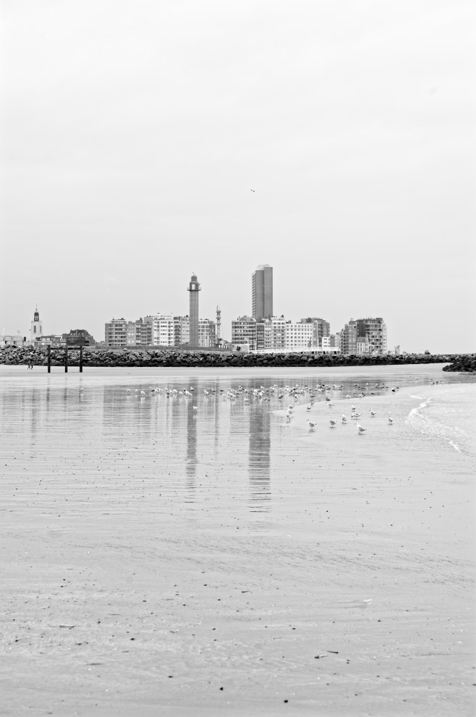 Vue d’Ostende depuis la plage de la mer du Nord en noir et blanc